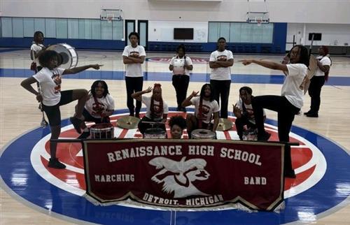  RHS Drumline members posing at the Detroit Pistons Practice Facility